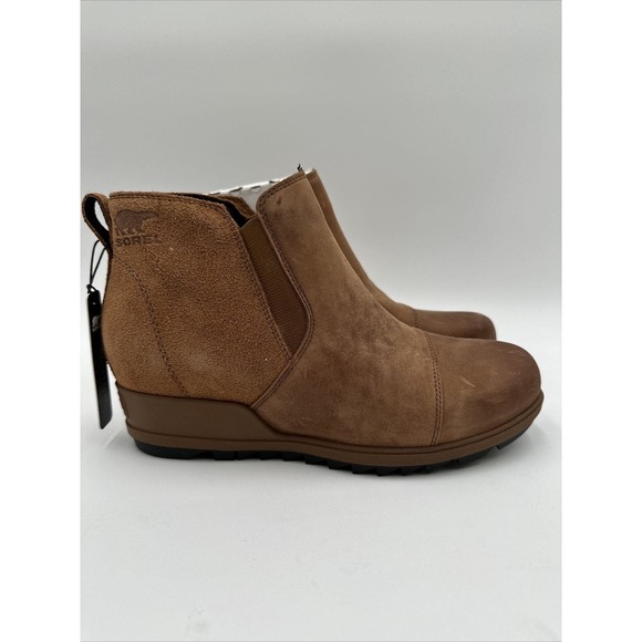 NWOB Sorel Evie Wedge Bootie Pull On Ankle Boot Suede Leather Tan Size 10.5 - Picture 4 of 7